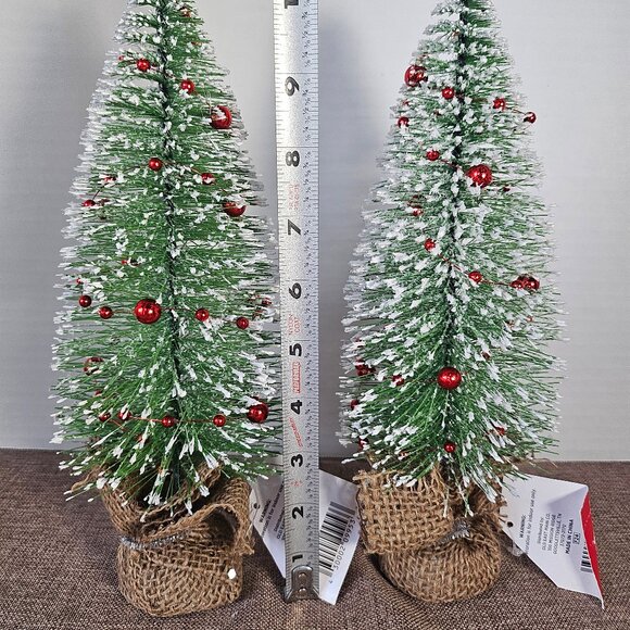 2 Holiday Style 11" Green Bottle Brush Trees With White Tips & Red Bead Garland - Picture 5 of 9